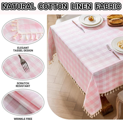 Checkered Tablecloth Rectangle Cotton Linen Gingham Table Cloth with Tassel Washable Wrinkle Free Heavy Duty Buffalo Plaid Table Cover for Dining/Party/Picnic (Pink, 55" x 55" (Square))
