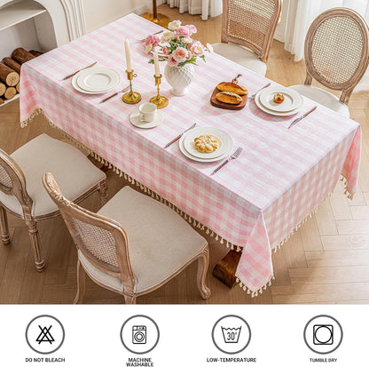 Checkered Tablecloth Rectangle Cotton Linen Gingham Table Cloth with Tassel Washable Wrinkle Free Heavy Duty Buffalo Plaid Table Cover for Dining/Party/Picnic (Pink, 55" x 55" (Square))