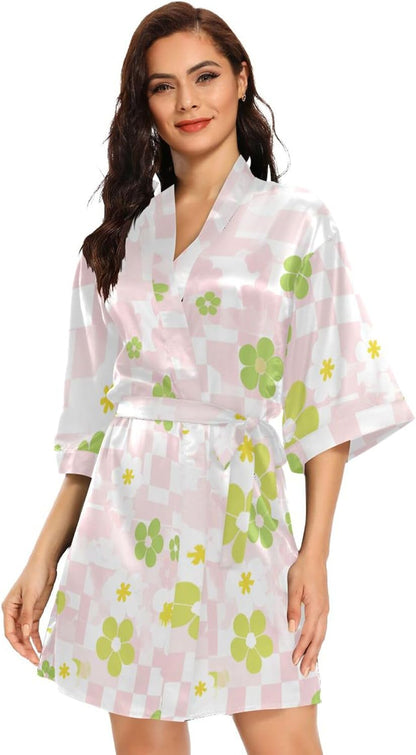 Pink White Check Cute Women Kimono Robes, Bathrobe Sleepwear Skin-friendly Nightwear