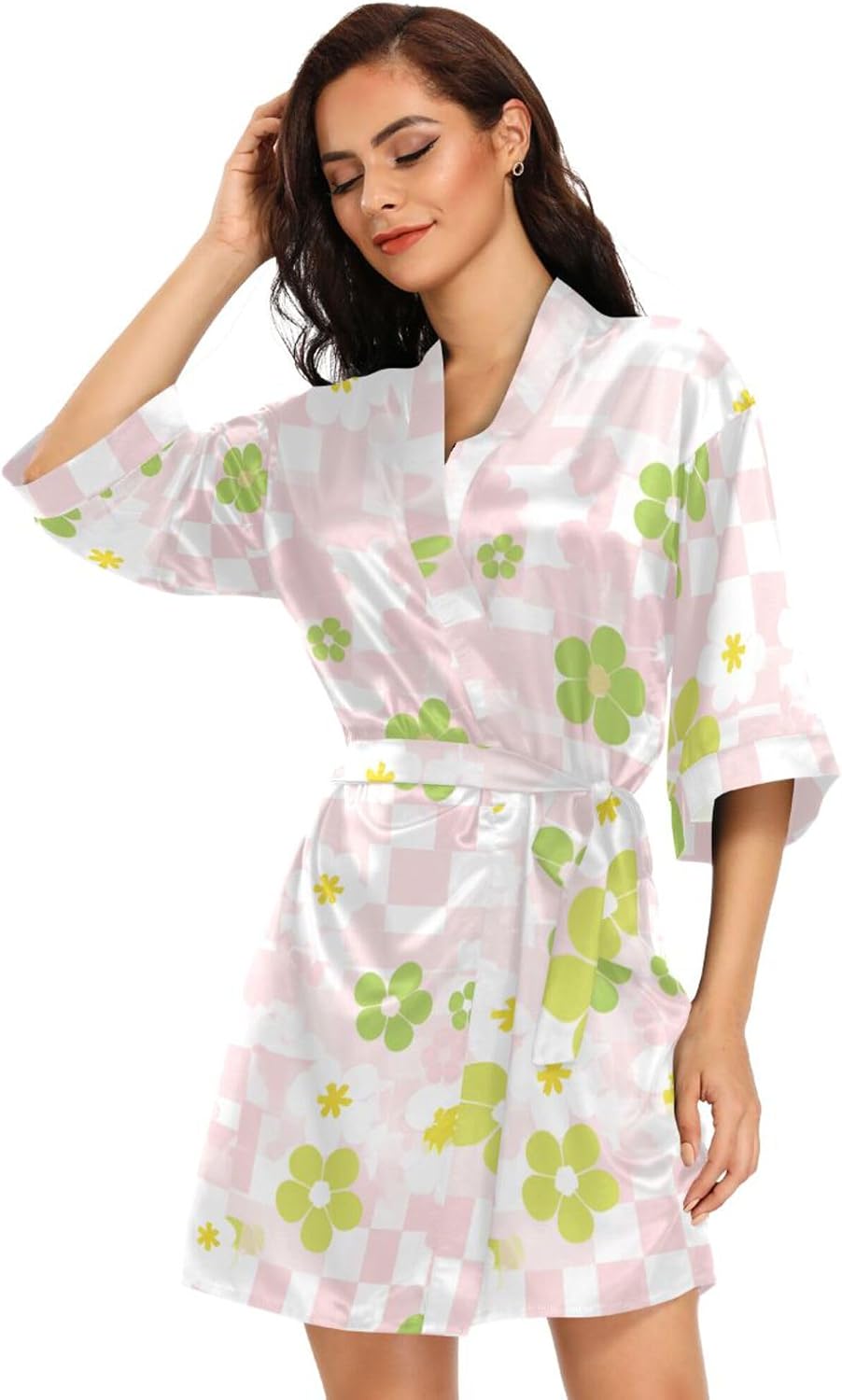 Pink White Check Cute Women Kimono Robes, Bathrobe Sleepwear Skin-friendly Nightwear