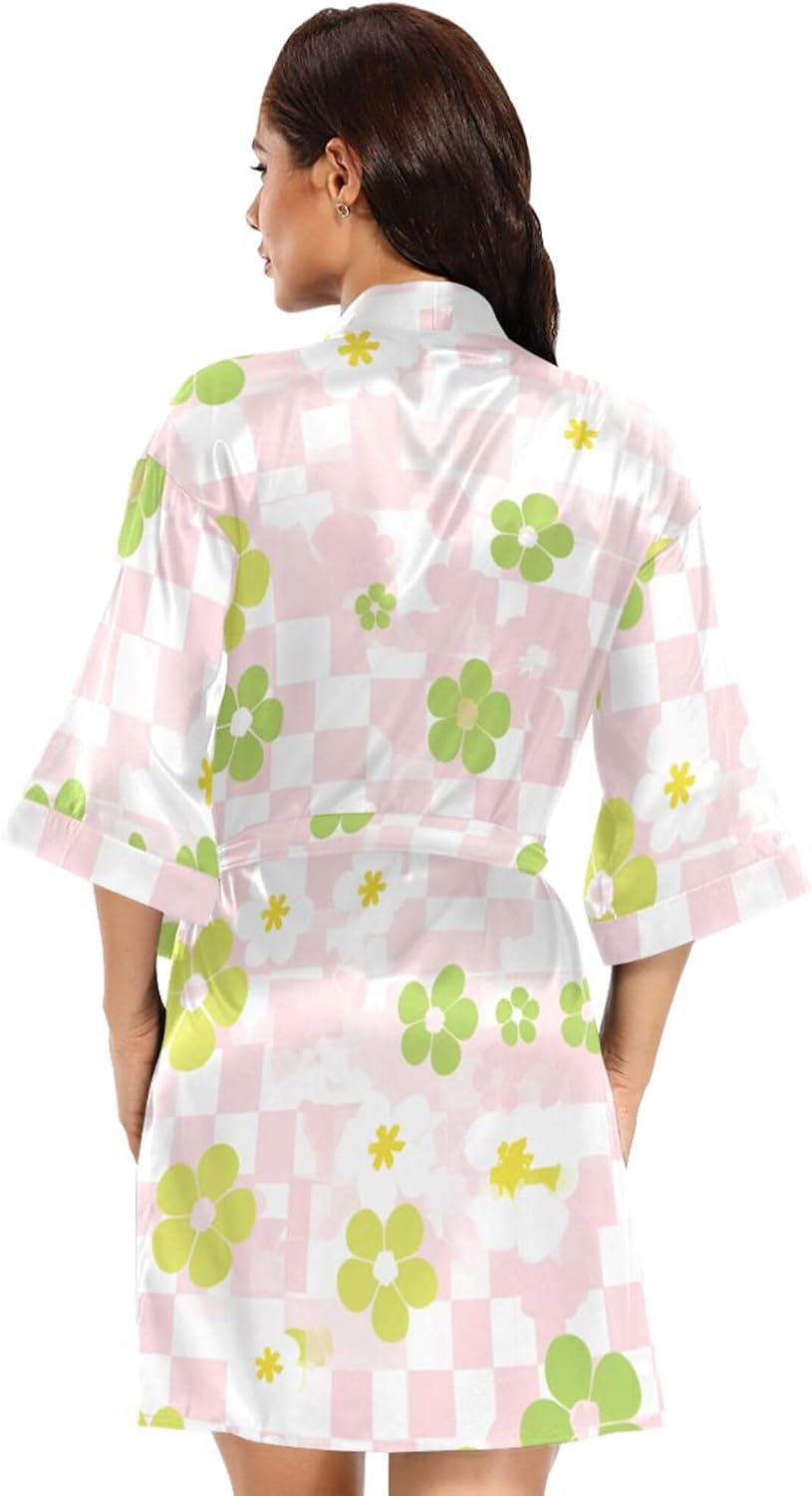 Pink White Check Cute Women Kimono Robes, Bathrobe Sleepwear Skin-friendly Nightwear