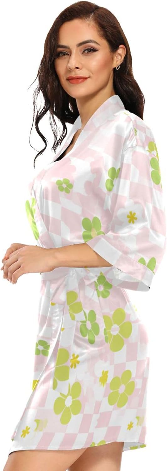 Pink White Check Cute Women Kimono Robes, Bathrobe Sleepwear Skin-friendly Nightwear