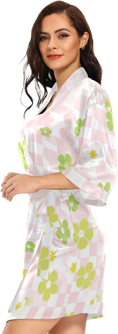 Pink White Check Cute Women Kimono Robes, Bathrobe Sleepwear Skin-friendly Nightwear