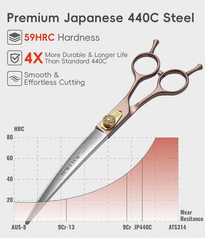 Professional Curved Dog Grooming Scissors 7'' Rose Gold 440C Stainless Steel Pet Cutting Shears Safety Trimming Shearing for Dogs Cats