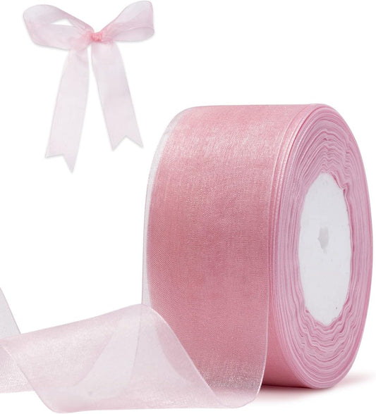 Pink Organza Ribbon for Gift Wrapping, 2 Inch Shimmer Sheer Wrapping Ribbon for Bouquet, Wedding, Christmas Gift - 50 Yards Each Roll