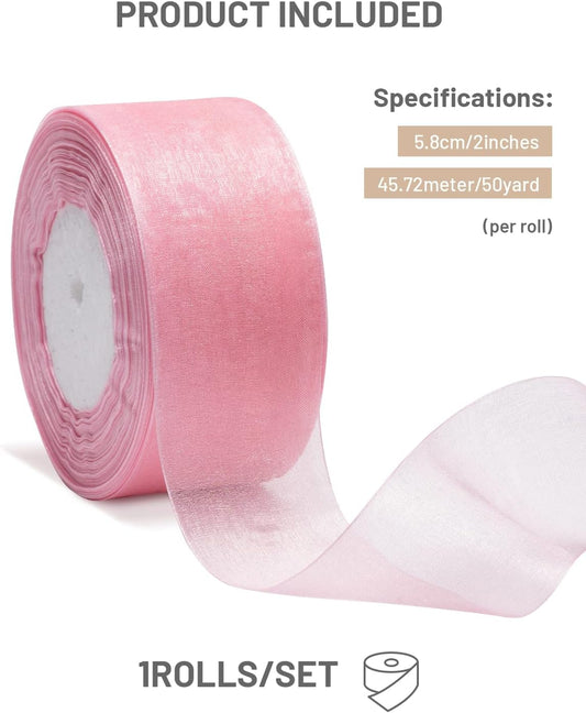 Pink Organza Ribbon for Gift Wrapping, 2 Inch Shimmer Sheer Wrapping Ribbon for Bouquet, Wedding, Christmas Gift - 50 Yards Each Roll