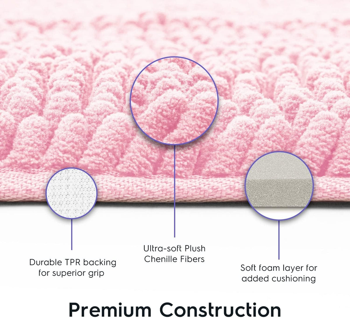 Bathroom Rug, Chenille, Low Pile, Non Slip, Light Pink, 21 x 47 inches