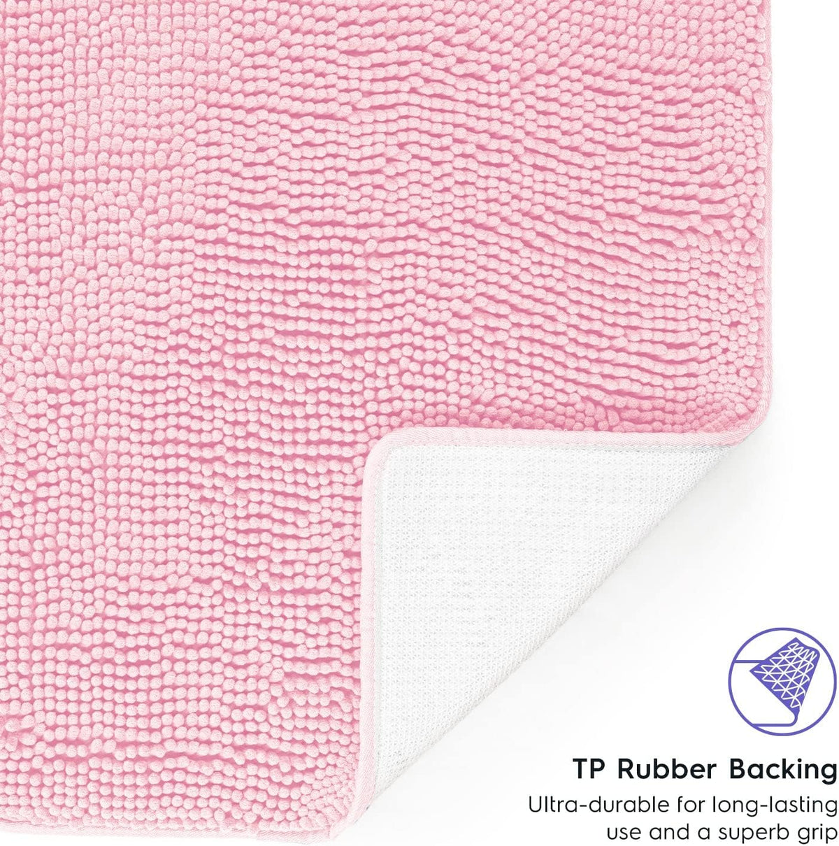 Bathroom Rug, Chenille, Low Pile, Non Slip, Light Pink, 21 x 47 inches