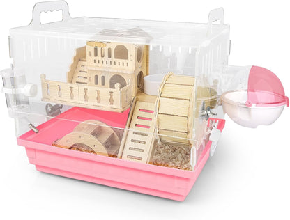 8 in 1 Acrylic Hamster Cage,2-Tier Dwarf Hamster Cage with Wooden Wheel & Hideout,Small Hamster Habitat with Accessories,Clear Pet Mice House(Pink,14" L*10" W*11" H)