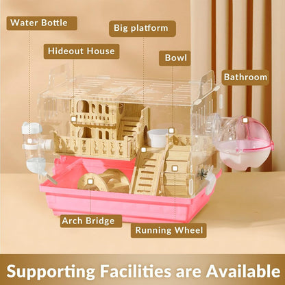 8 in 1 Acrylic Hamster Cage,2-Tier Dwarf Hamster Cage with Wooden Wheel & Hideout,Small Hamster Habitat with Accessories,Clear Pet Mice House(Pink,14" L*10" W*11" H)