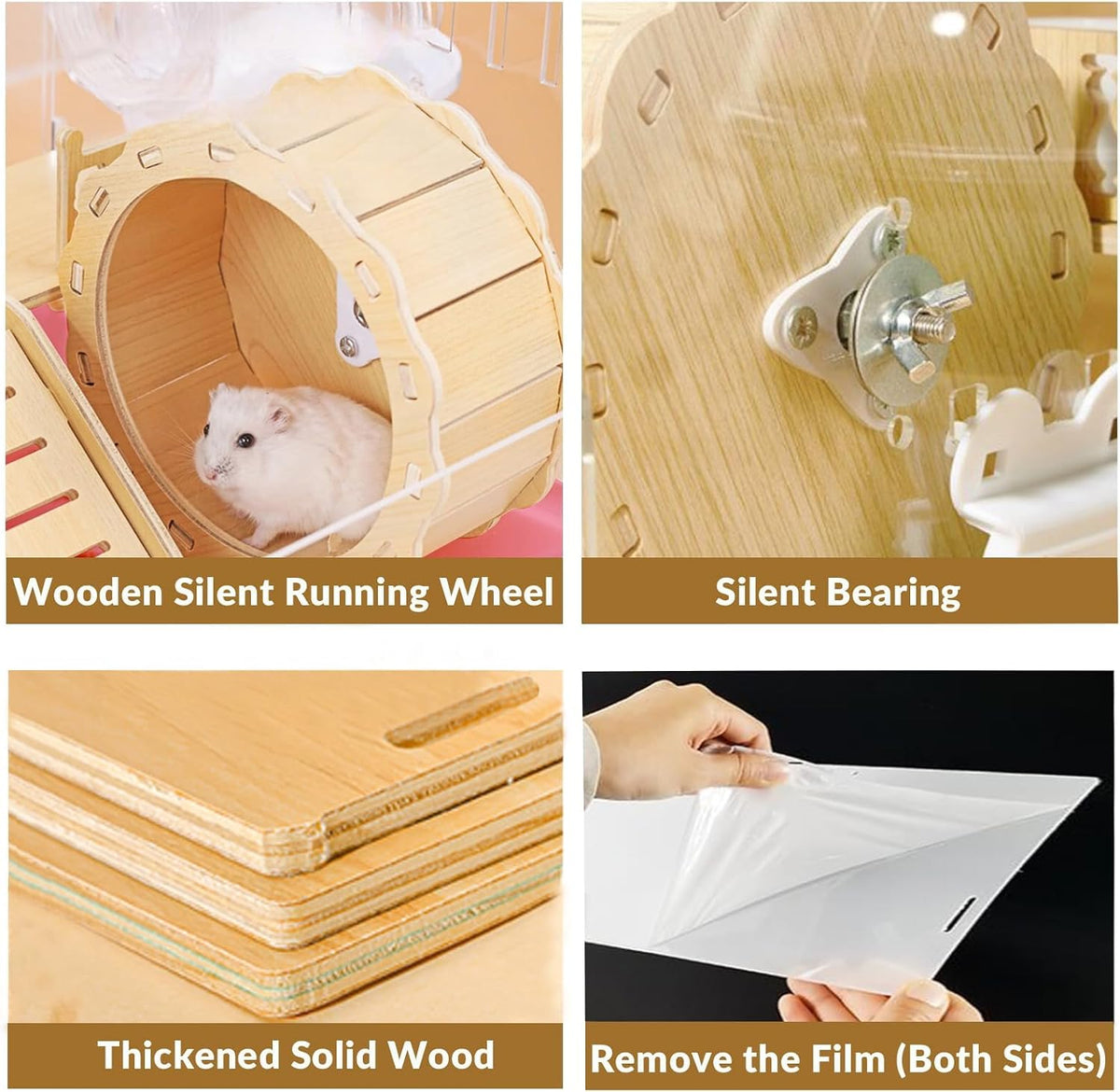8 in 1 Acrylic Hamster Cage,2-Tier Dwarf Hamster Cage with Wooden Wheel & Hideout,Small Hamster Habitat with Accessories,Clear Pet Mice House(Pink,14" L*10" W*11" H)