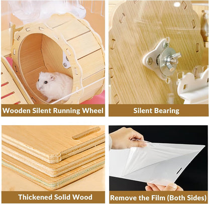 8 in 1 Acrylic Hamster Cage,2-Tier Dwarf Hamster Cage with Wooden Wheel & Hideout,Small Hamster Habitat with Accessories,Clear Pet Mice House(Pink,14" L*10" W*11" H)