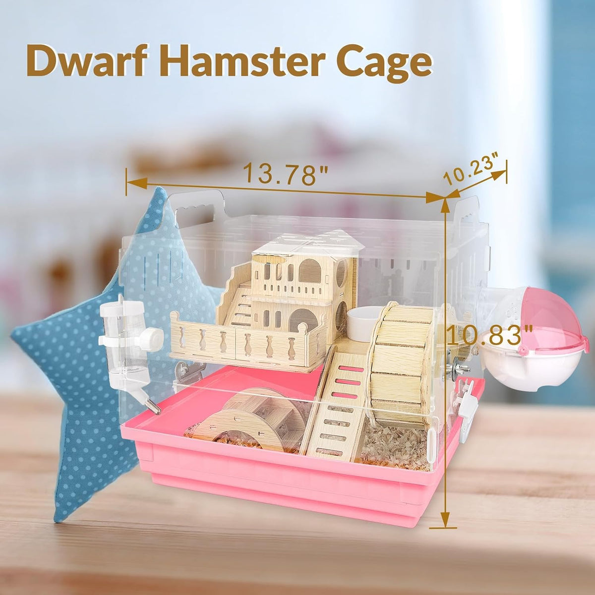 8 in 1 Acrylic Hamster Cage,2-Tier Dwarf Hamster Cage with Wooden Wheel & Hideout,Small Hamster Habitat with Accessories,Clear Pet Mice House(Pink,14" L*10" W*11" H)