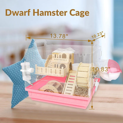 8 in 1 Acrylic Hamster Cage,2-Tier Dwarf Hamster Cage with Wooden Wheel & Hideout,Small Hamster Habitat with Accessories,Clear Pet Mice House(Pink,14" L*10" W*11" H)