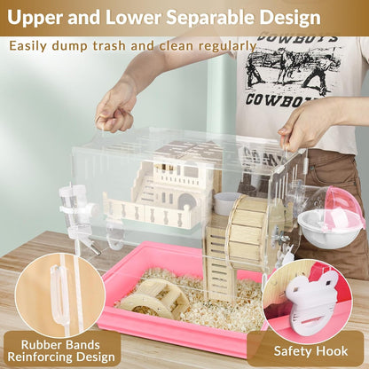 8 in 1 Acrylic Hamster Cage,2-Tier Dwarf Hamster Cage with Wooden Wheel & Hideout,Small Hamster Habitat with Accessories,Clear Pet Mice House(Pink,14" L*10" W*11" H)