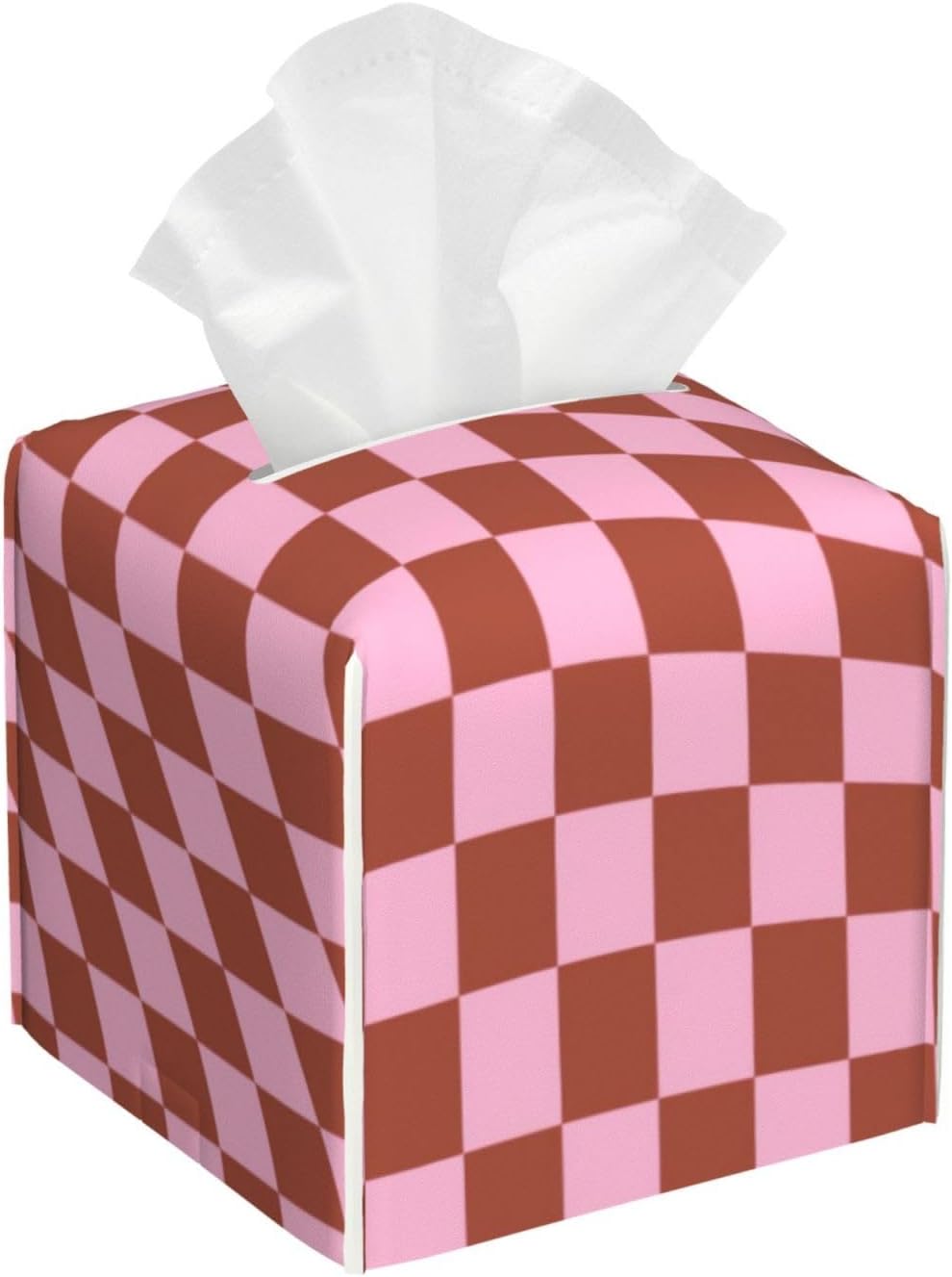 Retro Check Pattern Pink and Brown Checkerboard Printed Leather Tissue Box Cover | Elegant Decorative Shelf for Living Rooms, Bedrooms, and Offices
