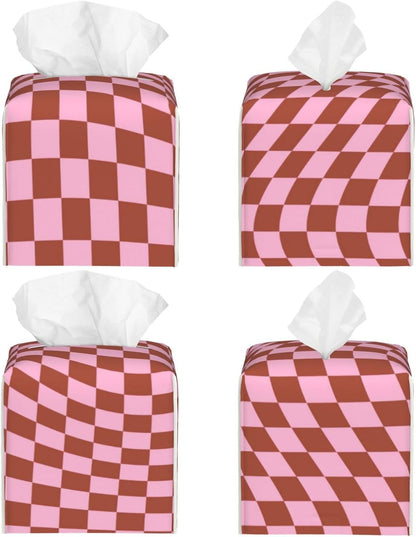 Retro Check Pattern Pink and Brown Checkerboard Printed Leather Tissue Box Cover | Elegant Decorative Shelf for Living Rooms, Bedrooms, and Offices