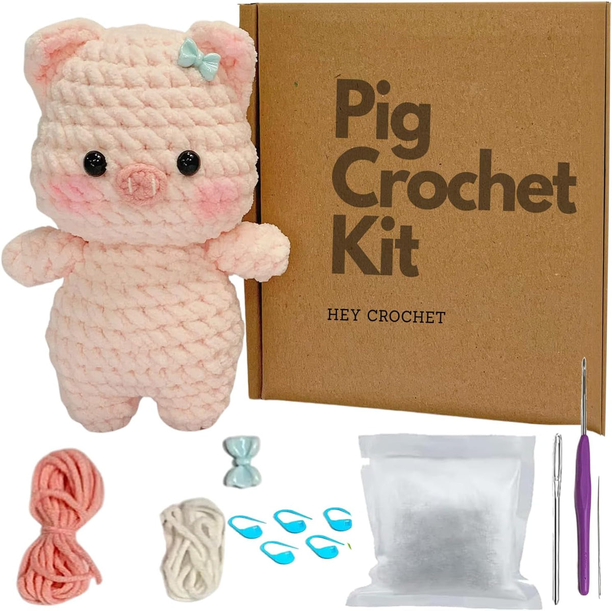 Crochet Kit for Beginners: Pink Pig Crochet Kit DIY Pig Amigurumi, Complete Beginner Starter Set, Include Step-by-Step Video Tutorials Learn to Crochet