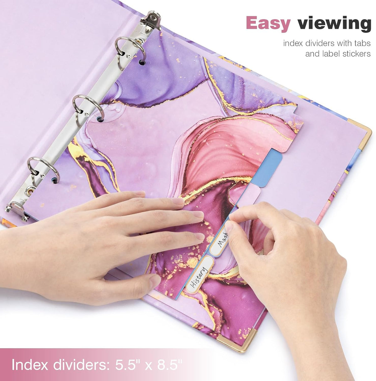 Ospelelf Mini 3 Ring Binder 1 Inch, Cute Pink Marble for 5.5" x 8.5" With 5 Tab Dividers, File Folder Labels and Low Profile Clipboards for School and Office Supplies