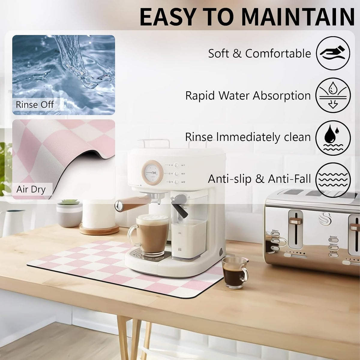 Dish Drying Mat for Kitchen Counter,12"x 19" Super Absorbent Kitchen Dish Drying Pad, Heat Resistant Drainer Mats with Non-slip Rubber Backed, Pink Checkered Coffee Bar Station Accessories