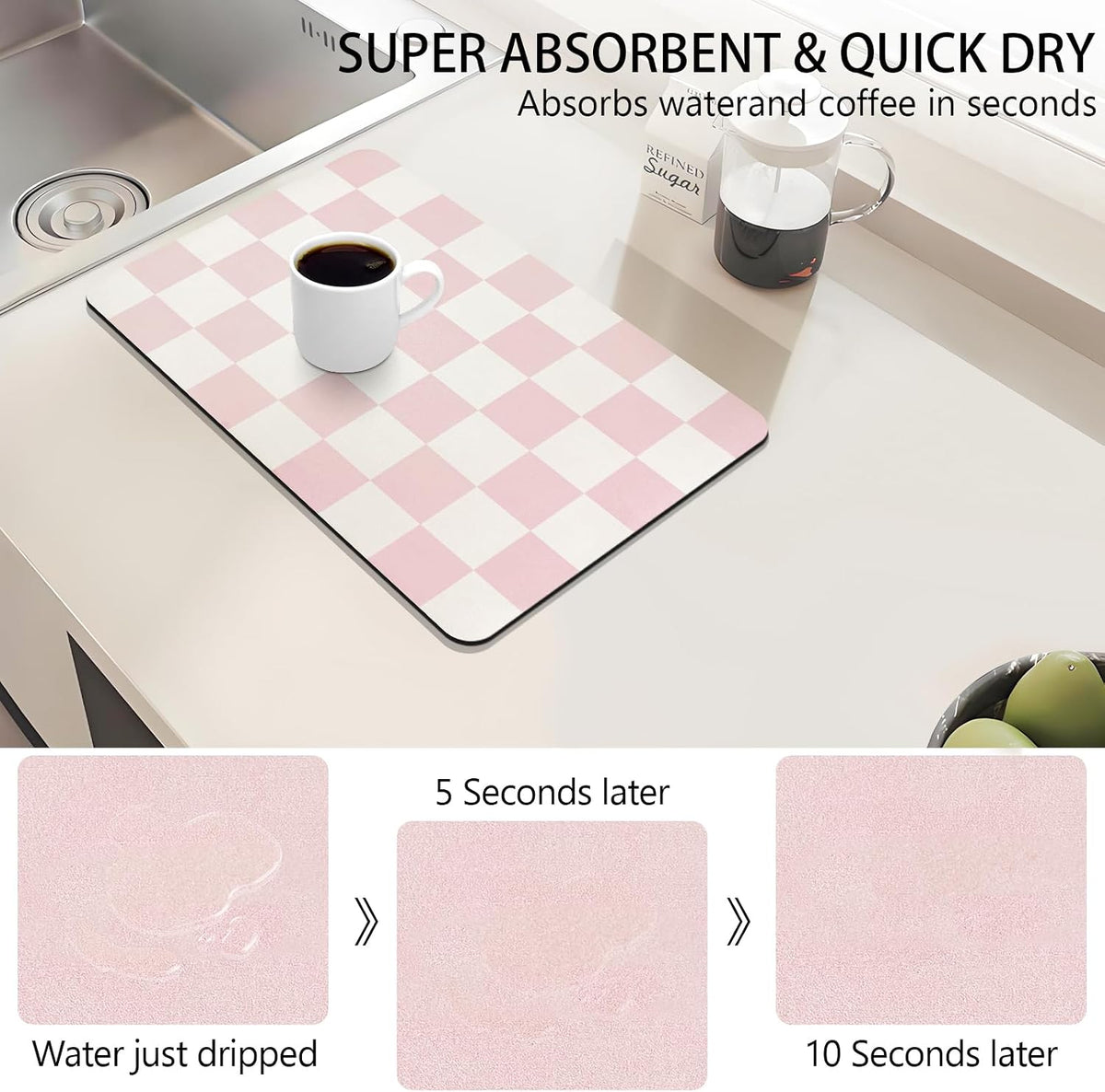 Dish Drying Mat for Kitchen Counter,12"x 19" Super Absorbent Kitchen Dish Drying Pad, Heat Resistant Drainer Mats with Non-slip Rubber Backed, Pink Checkered Coffee Bar Station Accessories