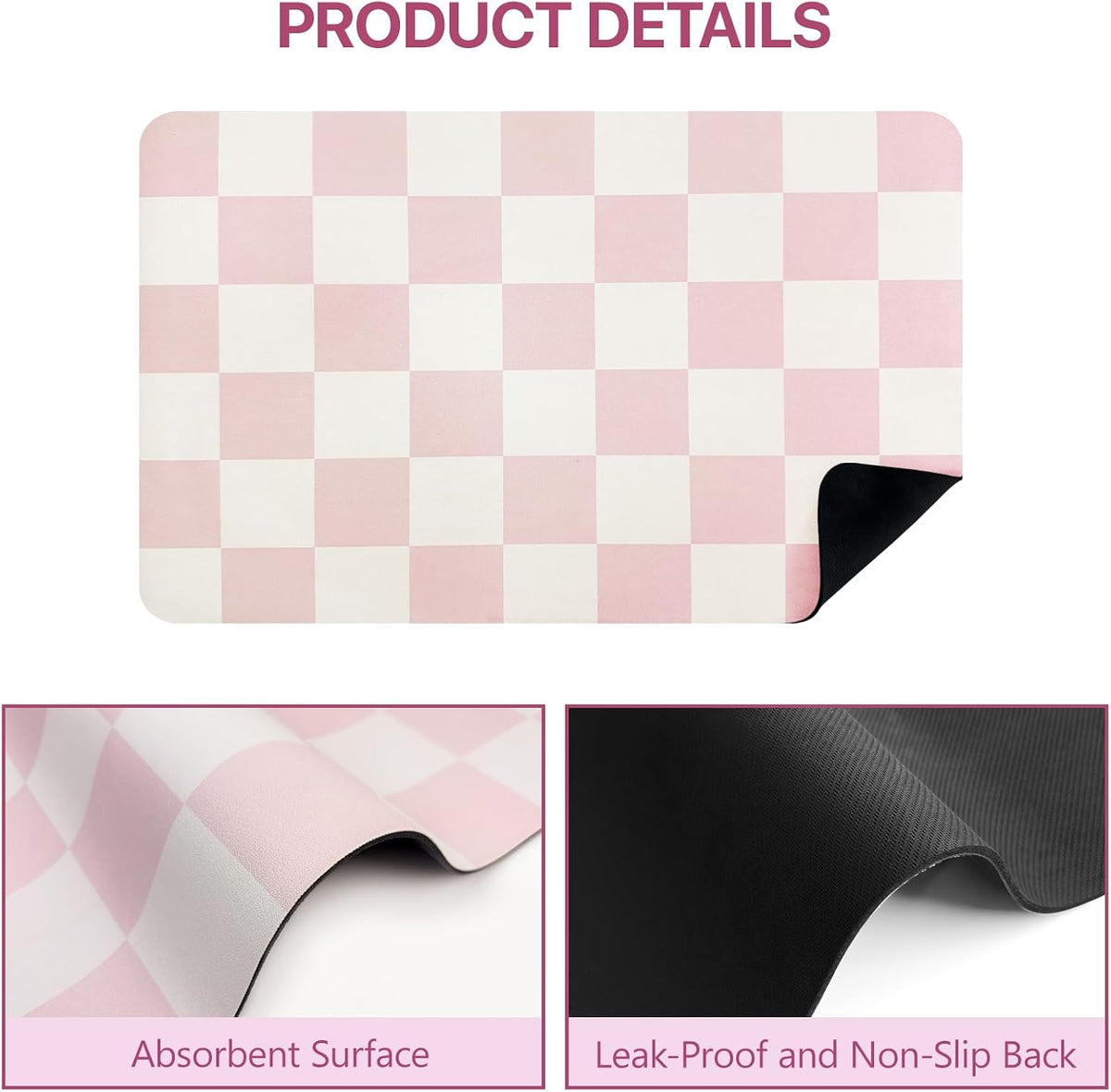 Dish Drying Mat for Kitchen Counter,12"x 19" Super Absorbent Kitchen Dish Drying Pad, Heat Resistant Drainer Mats with Non-slip Rubber Backed, Pink Checkered Coffee Bar Station Accessories