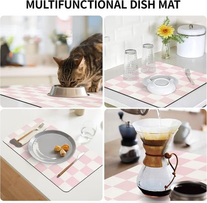 Dish Drying Mat for Kitchen Counter,12"x 19" Super Absorbent Kitchen Dish Drying Pad, Heat Resistant Drainer Mats with Non-slip Rubber Backed, Pink Checkered Coffee Bar Station Accessories