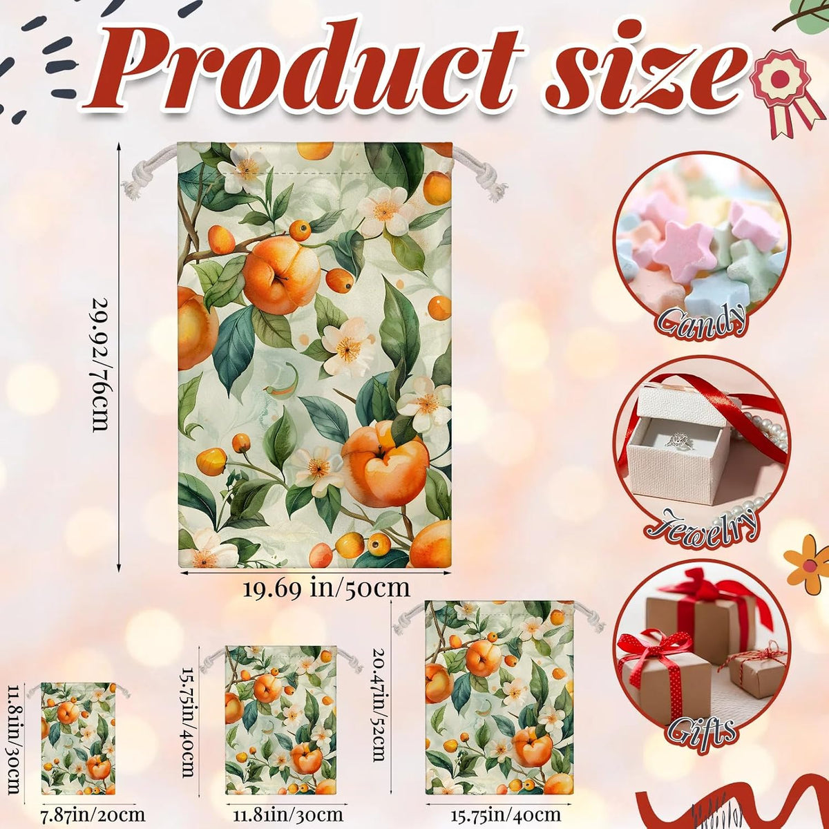 Floral Peach Christmas Drawstring Gifts Bags Xmas Treat Pouch for Christmas Party Supplies Assorted Sizes for Holiday Present 11.8 x 7.87 inches