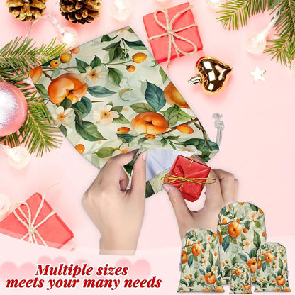 Floral Peach Christmas Drawstring Gifts Bags Xmas Treat Pouch for Christmas Party Supplies Assorted Sizes for Holiday Present 11.8 x 7.87 inches