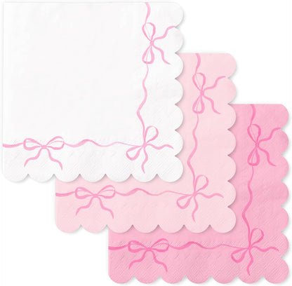 150 Pcs Pink Bow Paper Napkins Coquette Bownot Luncheon Napkins Scalloped Edge Disposable Dinner Dessert Napkin for Valentine's Day Wedding Birthday Bridal Party Table Supplies
