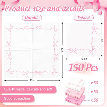 150 Pcs Pink Bow Paper Napkins Coquette Bownot Luncheon Napkins Scalloped Edge Disposable Dinner Dessert Napkin for Valentine's Day Wedding Birthday Bridal Party Table Supplies