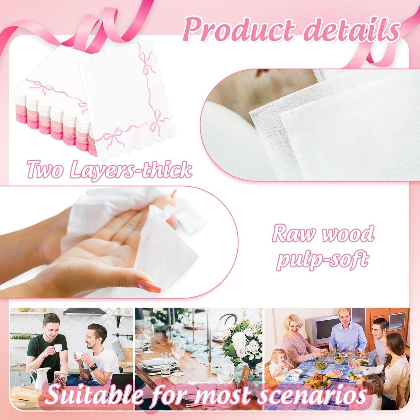 150 Pcs Pink Bow Paper Napkins Coquette Bownot Luncheon Napkins Scalloped Edge Disposable Dinner Dessert Napkin for Valentine's Day Wedding Birthday Bridal Party Table Supplies