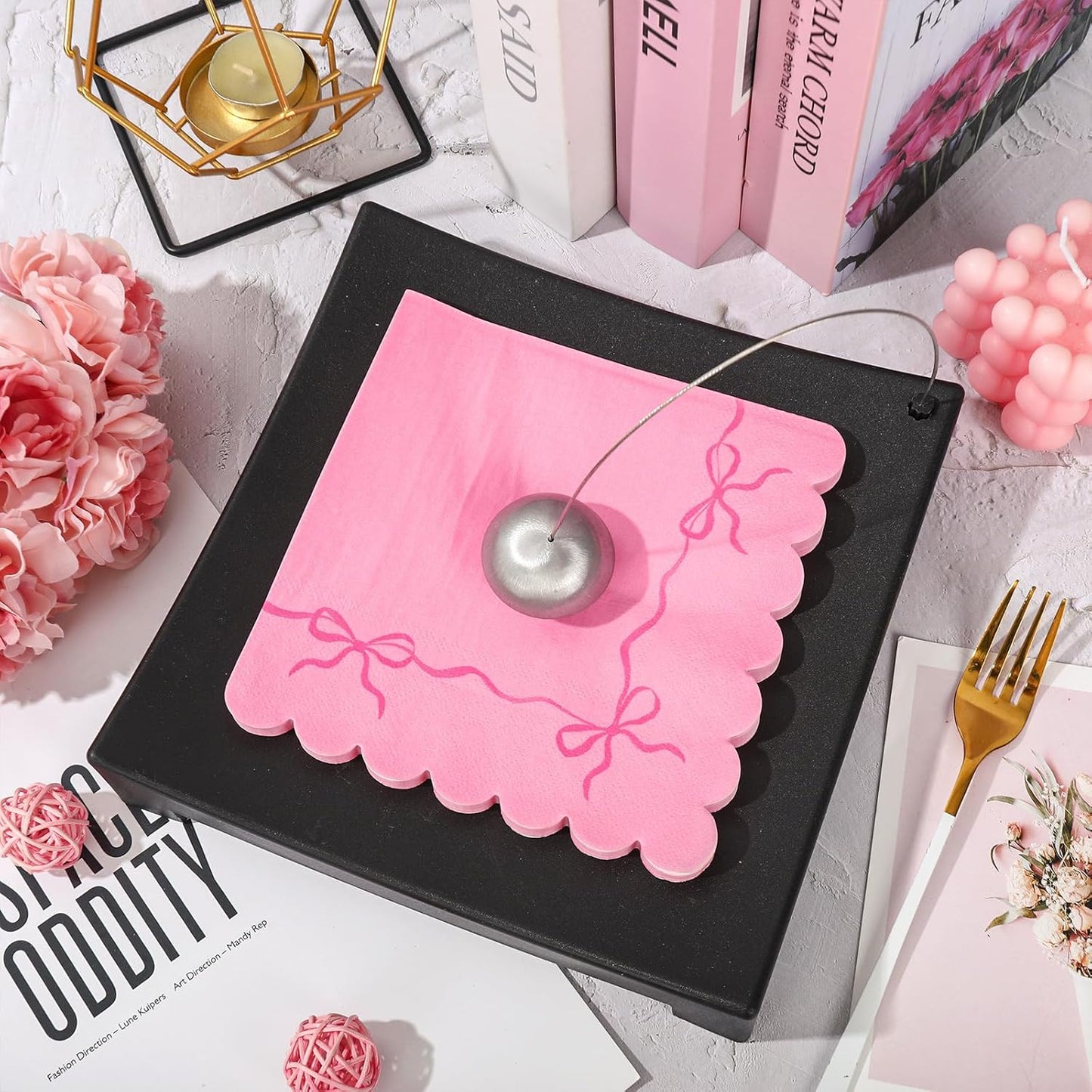 150 Pcs Pink Bow Paper Napkins Coquette Bownot Luncheon Napkins Scalloped Edge Disposable Dinner Dessert Napkin for Valentine's Day Wedding Birthday Bridal Party Table Supplies