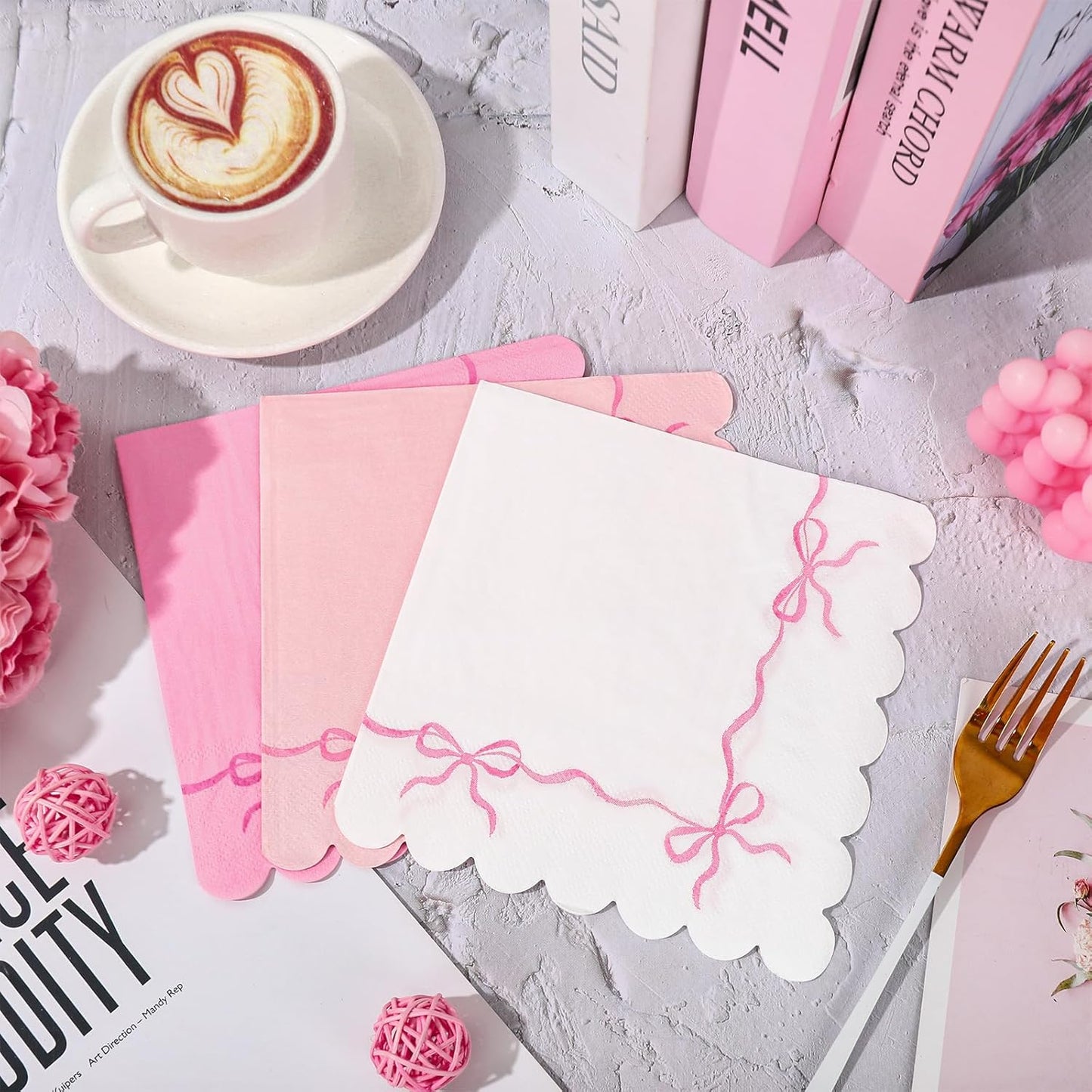 150 Pcs Pink Bow Paper Napkins Coquette Bownot Luncheon Napkins Scalloped Edge Disposable Dinner Dessert Napkin for Valentine's Day Wedding Birthday Bridal Party Table Supplies