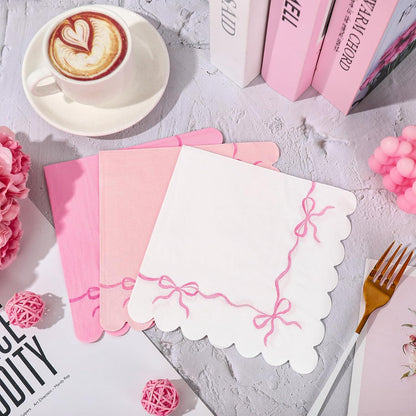 150 Pcs Pink Bow Paper Napkins Coquette Bownot Luncheon Napkins Scalloped Edge Disposable Dinner Dessert Napkin for Valentine's Day Wedding Birthday Bridal Party Table Supplies