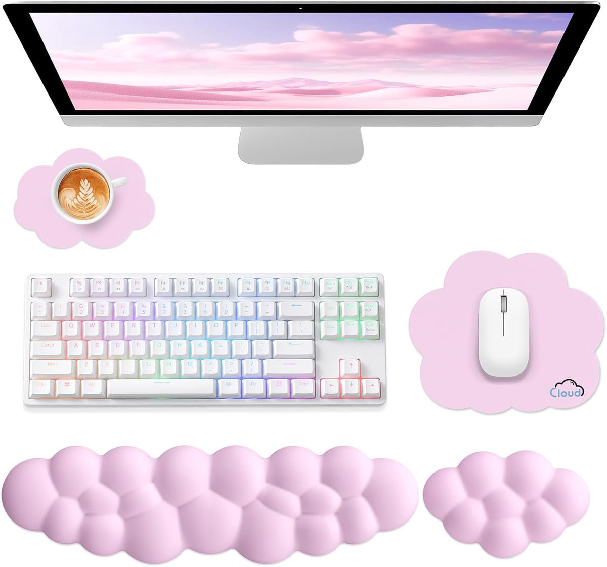 Cloud Wrist Rest for Computer Keyboard and Mouse Pad Set, Pink