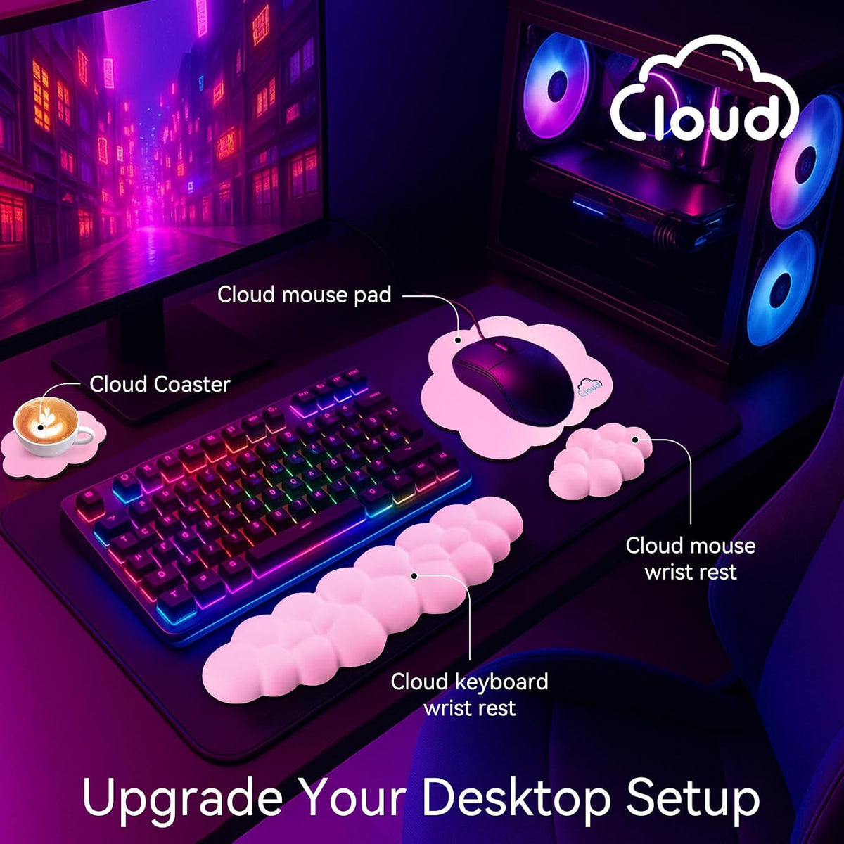 Cloud Wrist Rest for Computer Keyboard and Mouse Pad Set, Pink