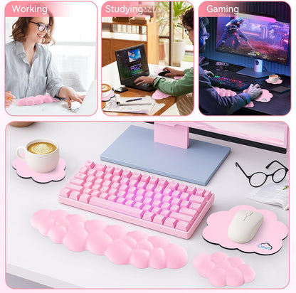 Cloud Wrist Rest for Computer Keyboard and Mouse Pad Set, Pink