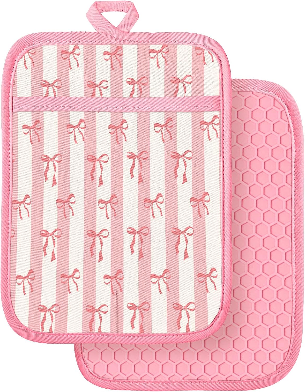Silcone Bow Pot Holders for Kitchen - 100% Cotton Pink Cute Oven Potholders with Pockets, Heat Resistant Square Thick Hot Pads, House New Home Baking Baker Gifts,2pack