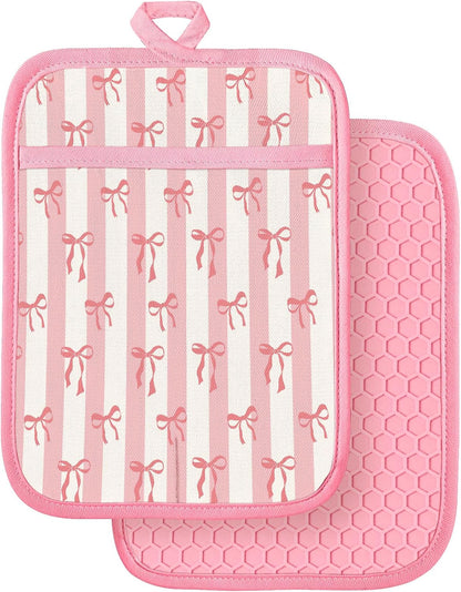 Silcone Bow Pot Holders for Kitchen - 100% Cotton Pink Cute Oven Potholders with Pockets, Heat Resistant Square Thick Hot Pads, House New Home Baking Baker Gifts,2pack
