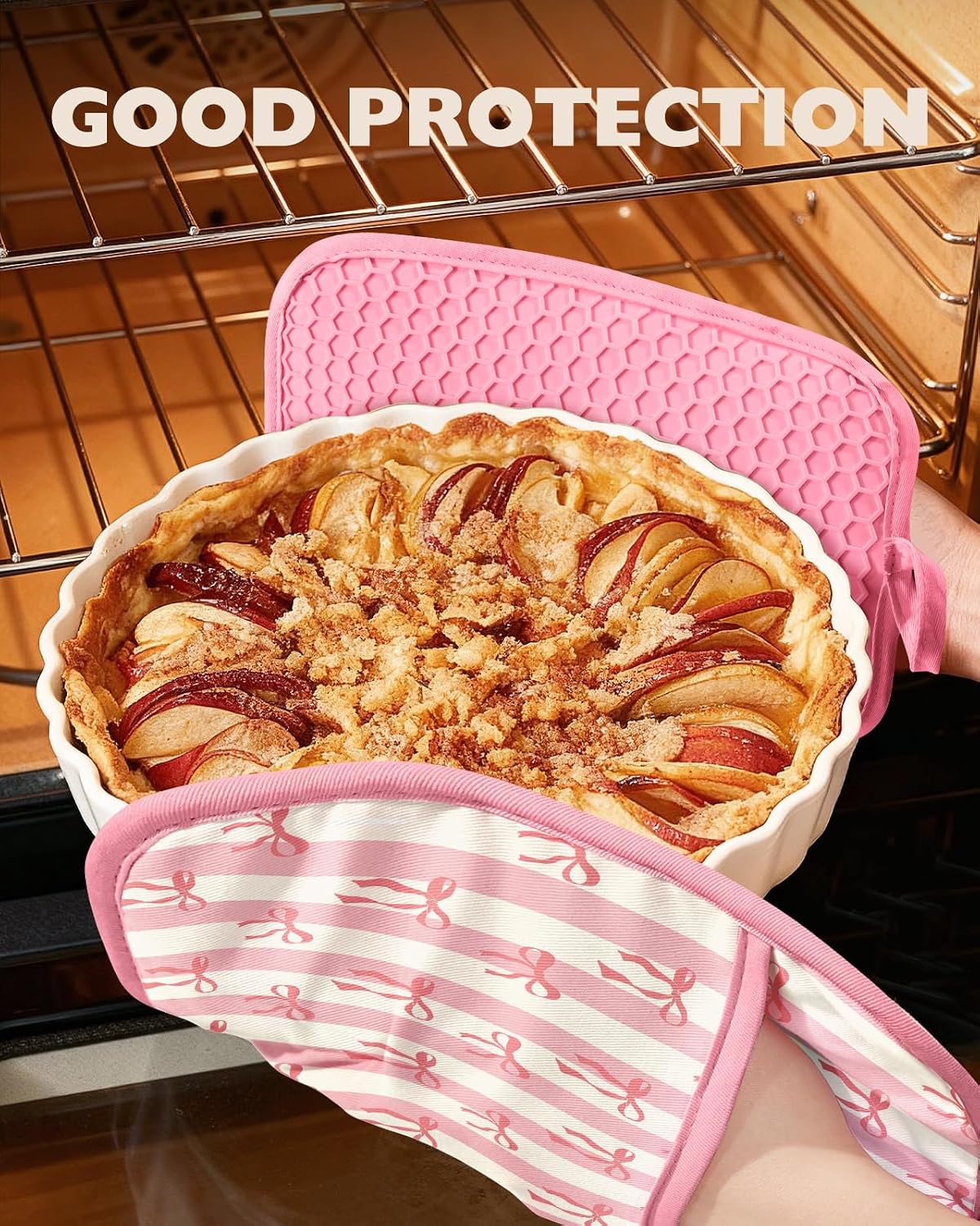 Silcone Bow Pot Holders for Kitchen - 100% Cotton Pink Cute Oven Potholders with Pockets, Heat Resistant Square Thick Hot Pads, House New Home Baking Baker Gifts,2pack
