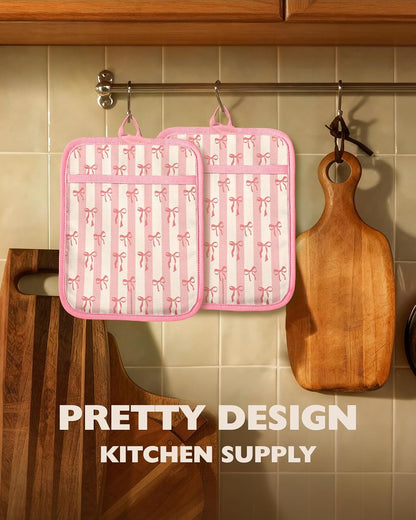 Silcone Bow Pot Holders for Kitchen - 100% Cotton Pink Cute Oven Potholders with Pockets, Heat Resistant Square Thick Hot Pads, House New Home Baking Baker Gifts,2pack