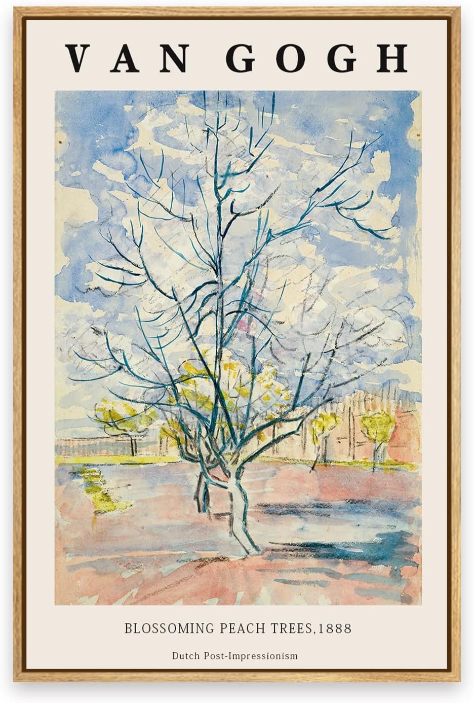 Framed Canvas Wall Art Blossoming peach threes By Vincent Van Gogh. The Word Classice Art Reproduction Artwork for Living Room, Bed Room, Office Home Decoration 12x16in (Natural Framed)