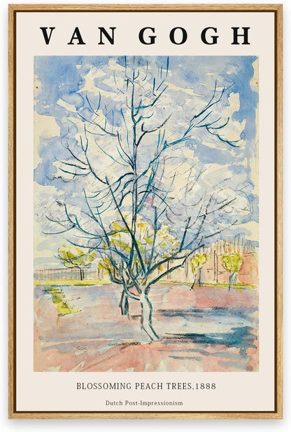Framed Canvas Wall Art Blossoming peach threes By Vincent Van Gogh. The Word Classice Art Reproduction Artwork for Living Room, Bed Room, Office Home Decoration 12x16in (Natural Framed)