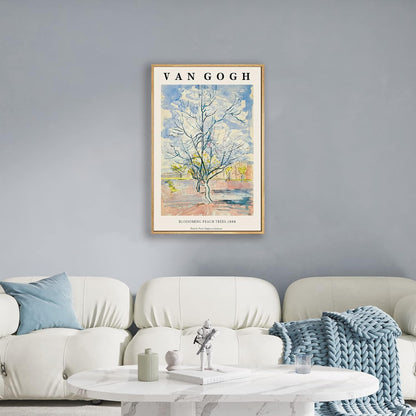 Framed Canvas Wall Art Blossoming peach threes By Vincent Van Gogh. The Word Classice Art Reproduction Artwork for Living Room, Bed Room, Office Home Decoration 12x16in (Natural Framed)