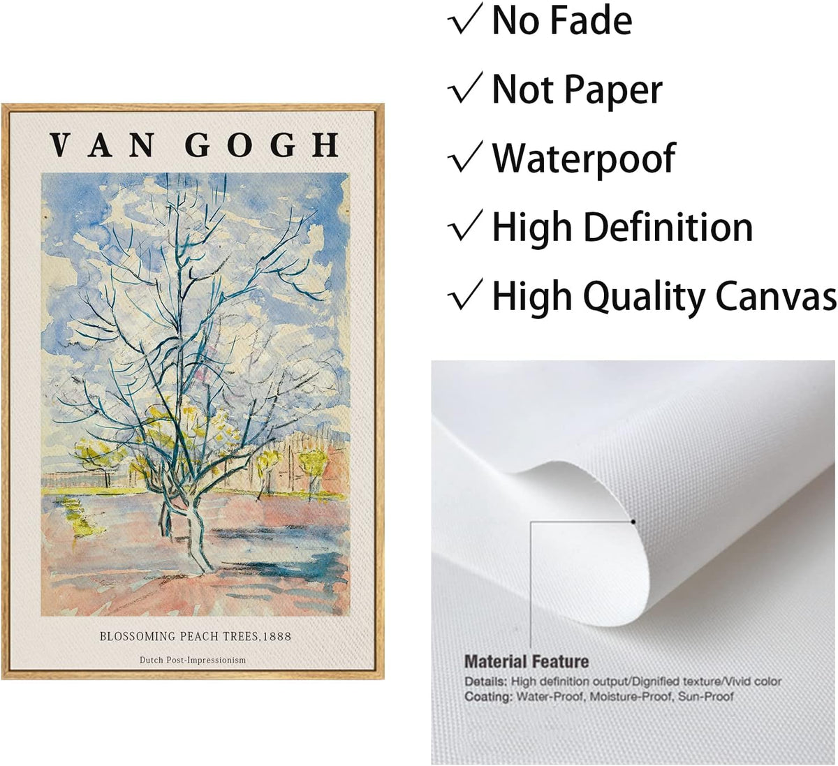 Framed Canvas Wall Art Blossoming peach threes By Vincent Van Gogh. The Word Classice Art Reproduction Artwork for Living Room, Bed Room, Office Home Decoration 12x16in (Natural Framed)