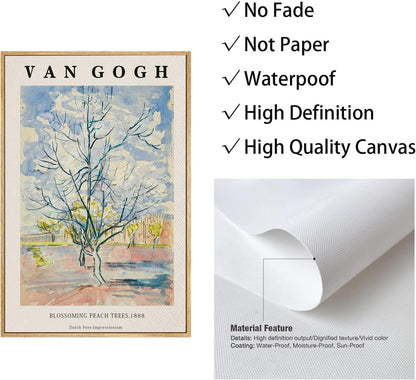 Framed Canvas Wall Art Blossoming peach threes By Vincent Van Gogh. The Word Classice Art Reproduction Artwork for Living Room, Bed Room, Office Home Decoration 12x16in (Natural Framed)