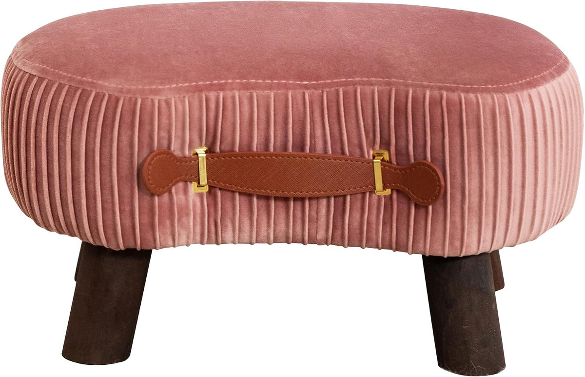 Small Curved Foot Stool with Handle, Pink Velvet Footstool and Ottomans, Modern Foot Rest with Wooden Legs, Step Stool with Padded Seat for Couch, Living Room
