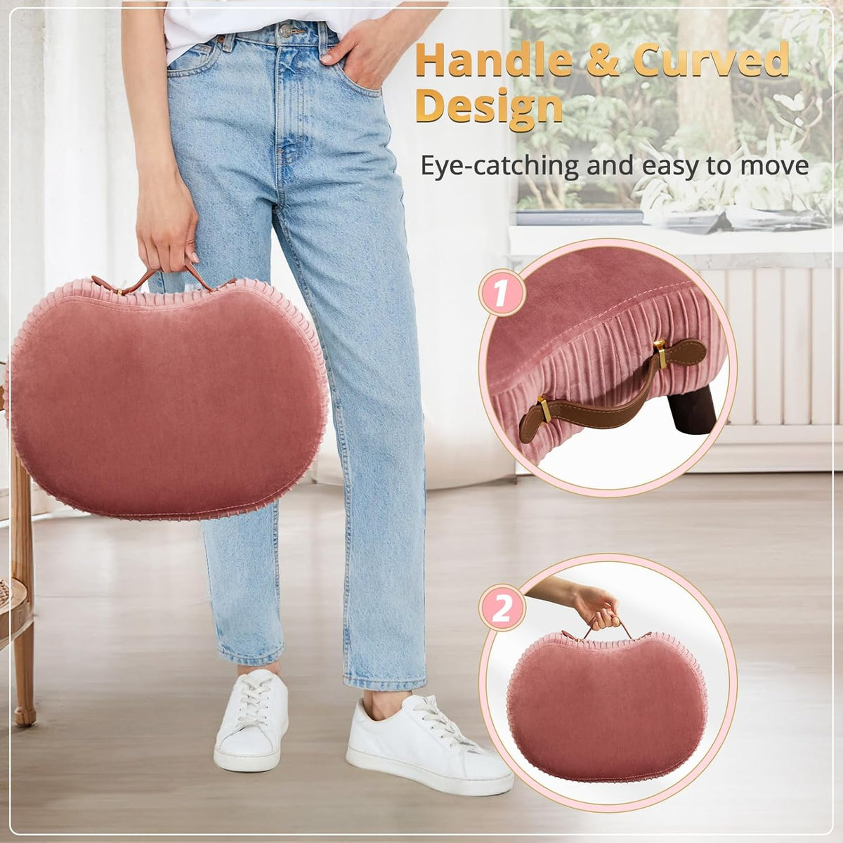 Small Curved Foot Stool with Handle, Pink Velvet Footstool and Ottomans, Modern Foot Rest with Wooden Legs, Step Stool with Padded Seat for Couch, Living Room