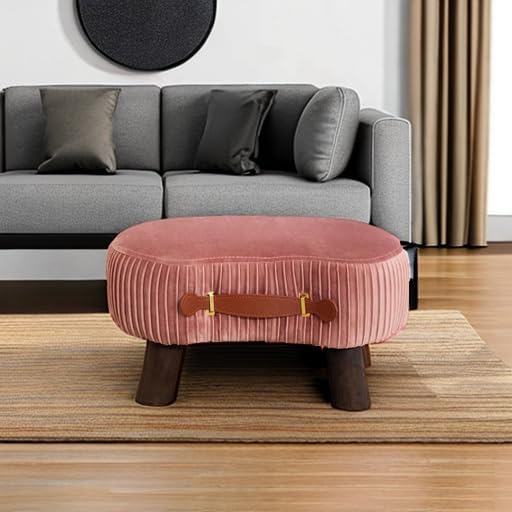 Small Curved Foot Stool with Handle, Pink Velvet Footstool and Ottomans, Modern Foot Rest with Wooden Legs, Step Stool with Padded Seat for Couch, Living Room